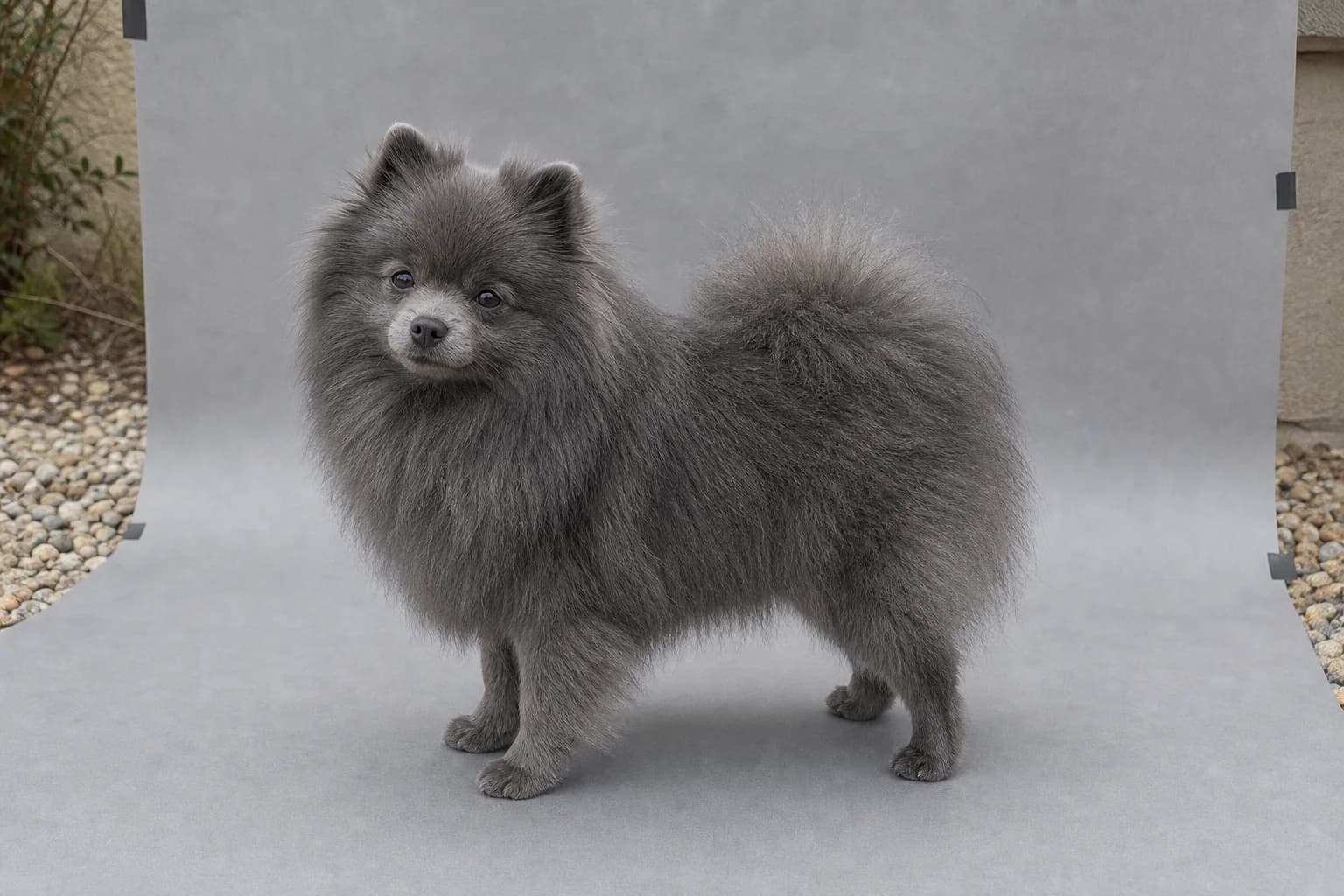 Solid blue-gray Pomeranian standing against a visible gray paper coat-reference backdrop