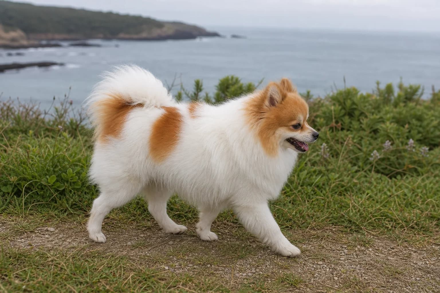 White-base parti-color Pomeranian with defined orange patches walking on a coastal grass path