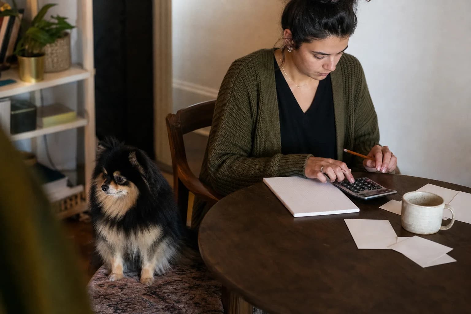 Owner using a calculator and blank notebook while a black-and-tan Pomeranian sits nearby
