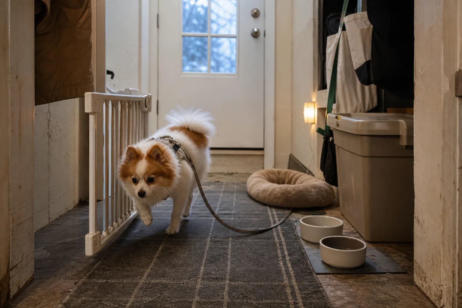 Parti-color Pomeranian walking through a mudroom with a gate, bed, bowls, harness, and storage bin