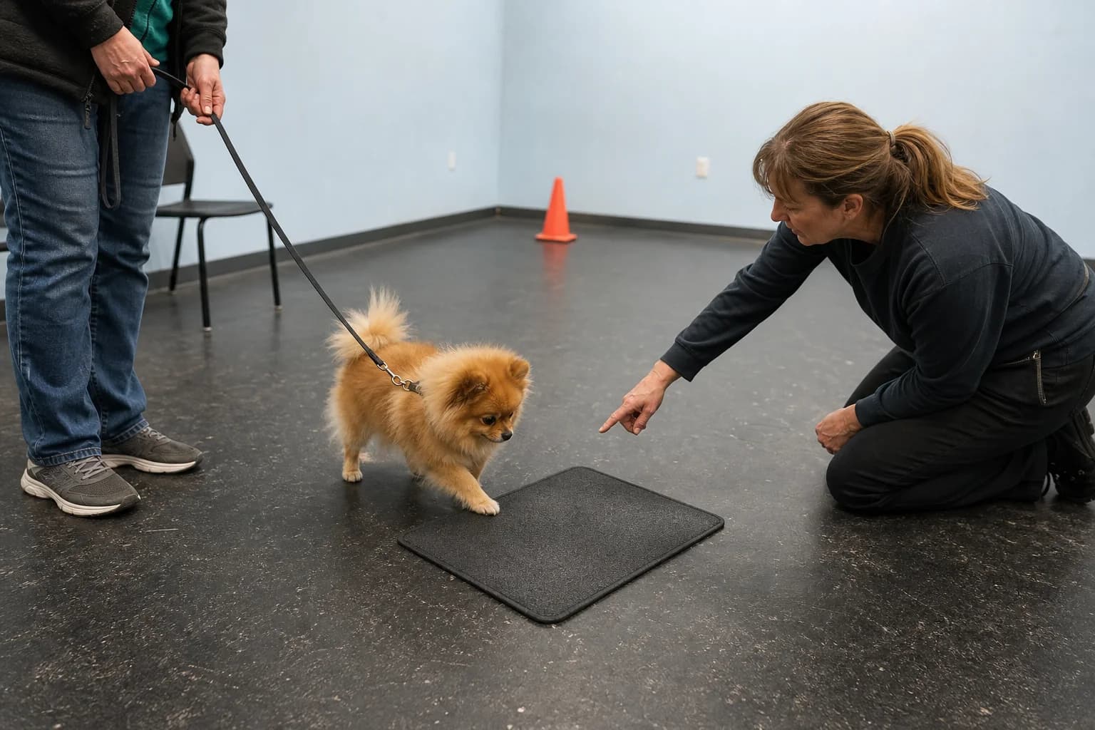 Professional trainer guiding an orange Pomeranian onto a settle mat while the owner holds a slack leash