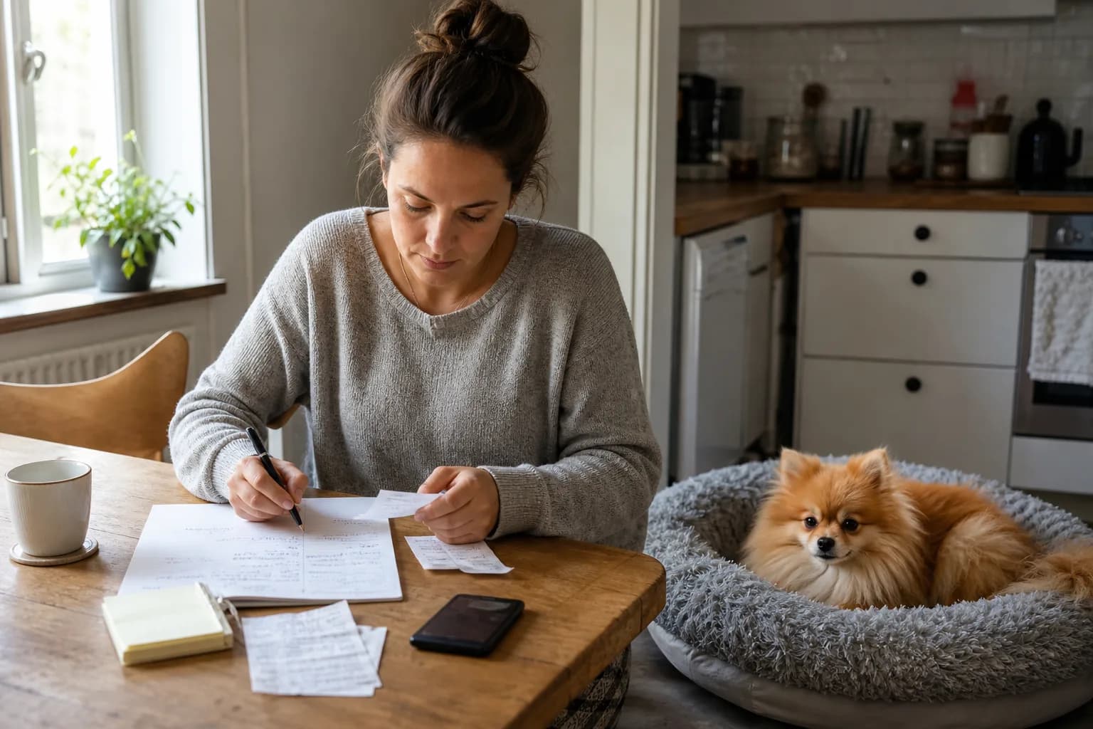 Owner reviewing recurring Pomeranian expenses while an orange-sable Pomeranian rests nearby