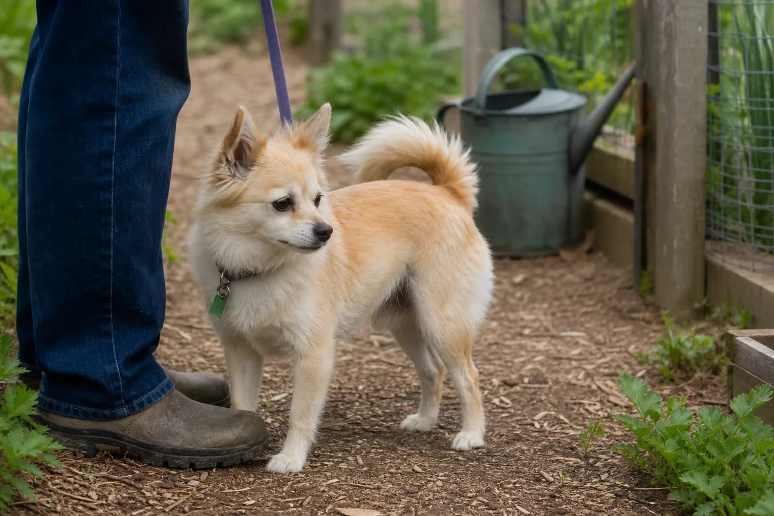 Small cream-and-tan mixed-breed dog with upright ears and a loosely curled tail on a garden path