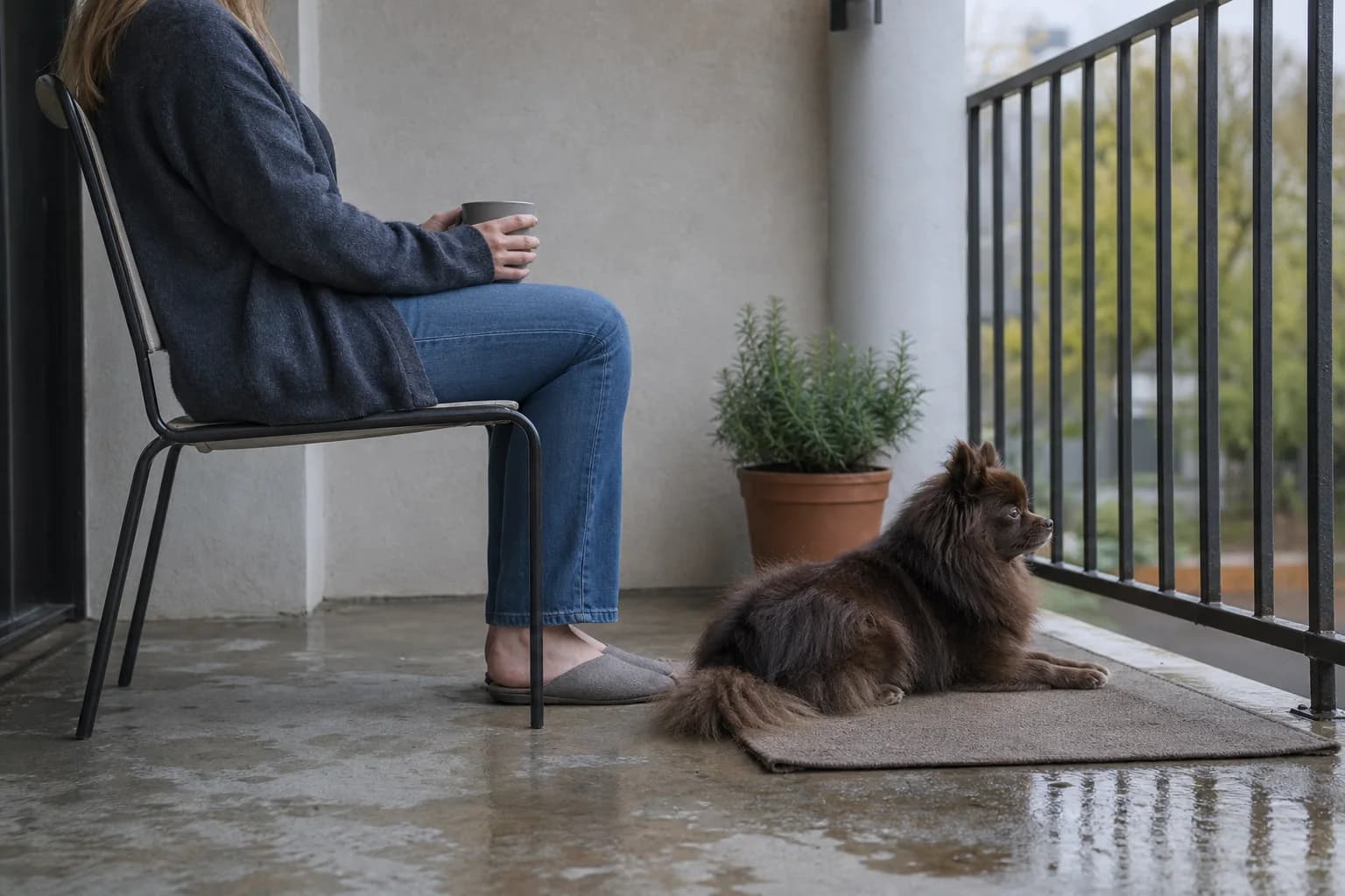 Chocolate Pomeranian resting on a patio mat near a seated caregiver
