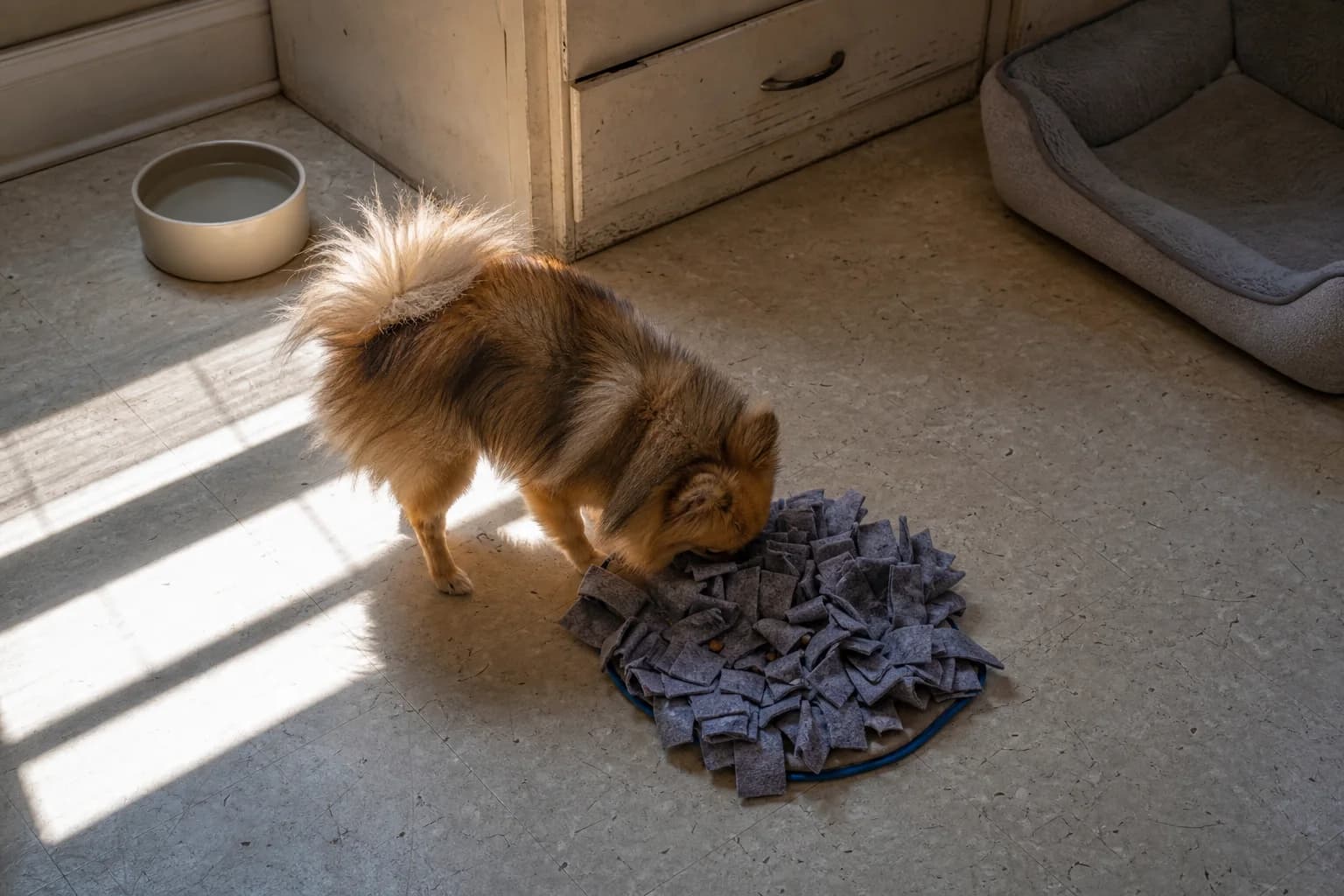 Wolf sable Pomeranian sniffing for kibble in a small fabric puzzle mat