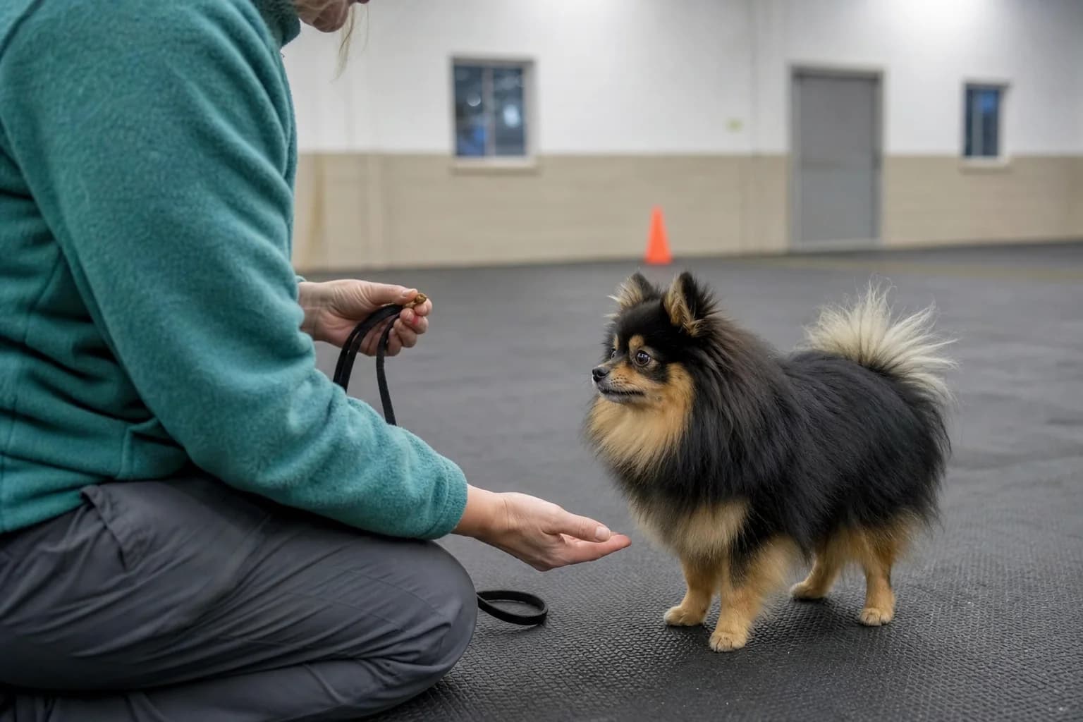 Black-and-tan Pomeranian practicing a hand target with a handler in a training hall