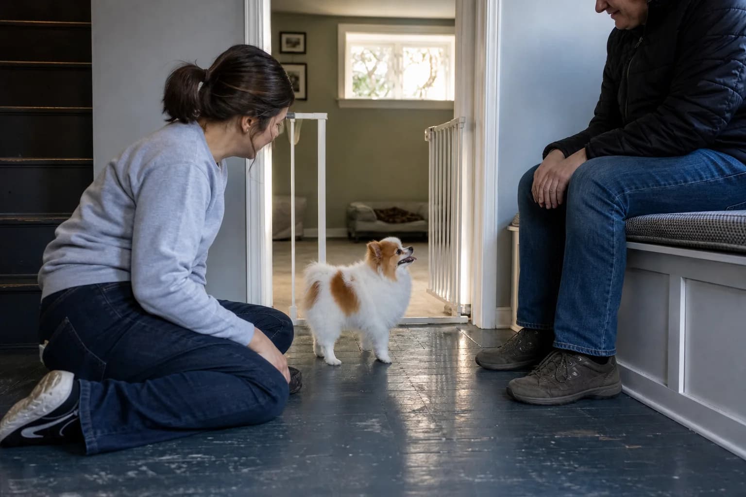 Parti-color Pomeranian greeting a seated visitor while its caregiver supervises on the floor