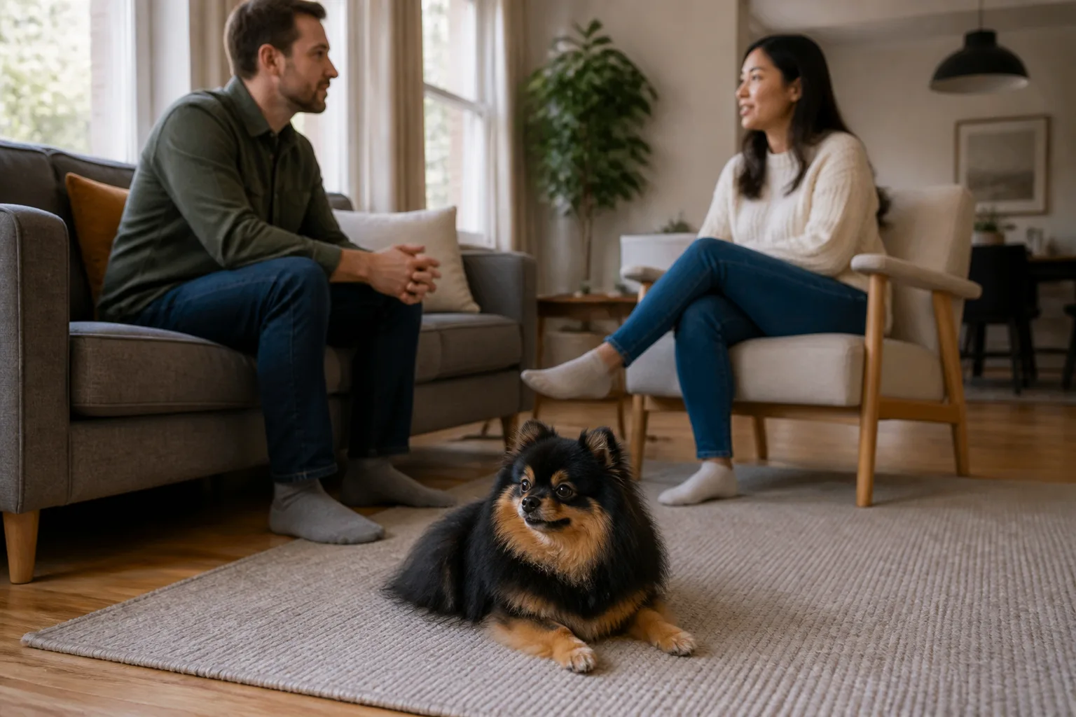 Black-and-tan Pomeranian choosing to settle on a mat while two adults talk nearby