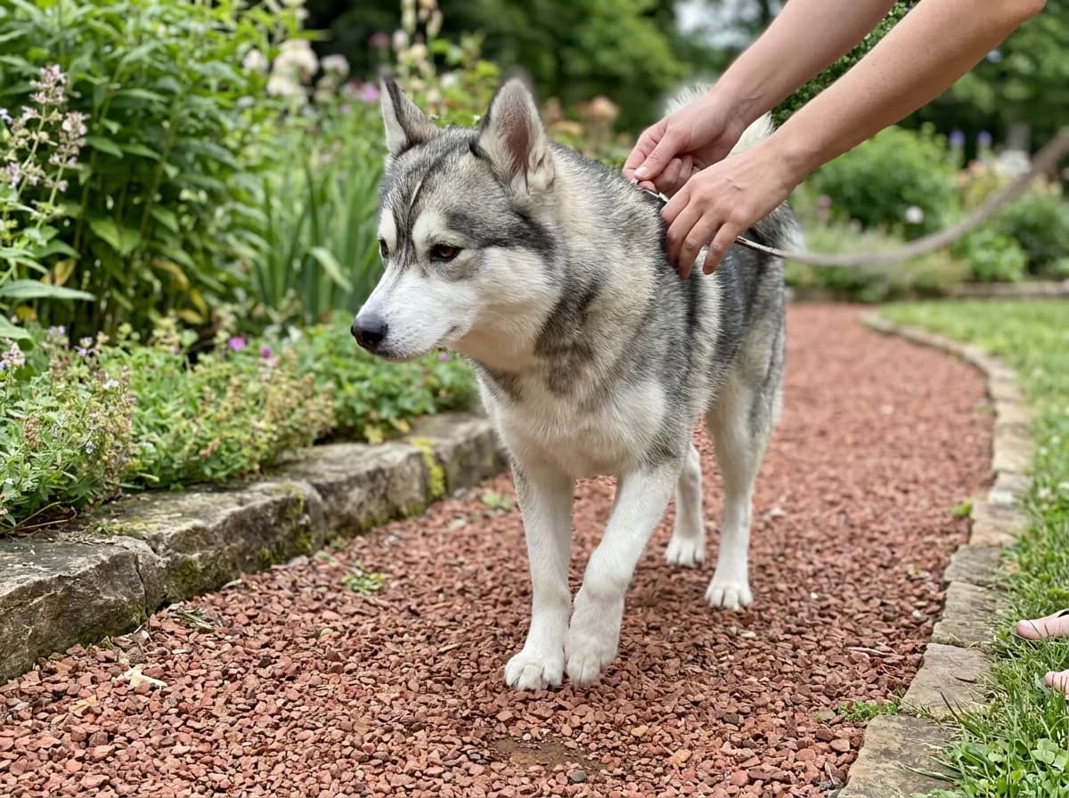 Illustrated gray-and-white pointed-eared dog walking on a red gravel garden path.