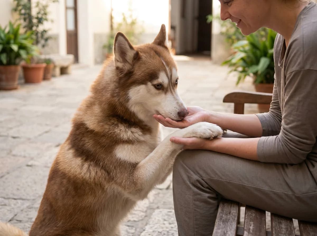 Illustrated red-and-white pointed-eared dog offering a paw to a seated person.