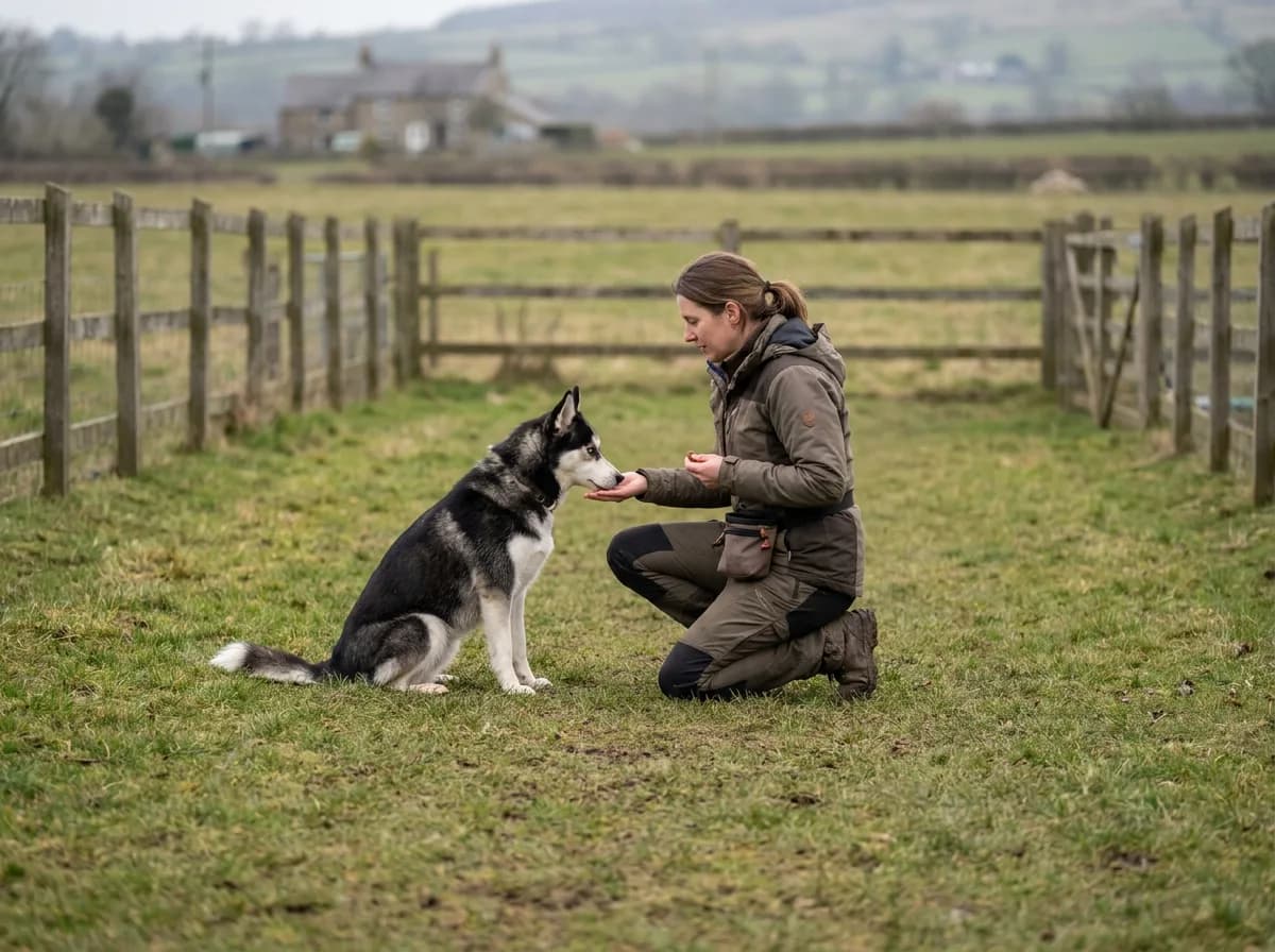 Illustrated black-and-white pointed-eared dog practicing attention with a trainer in a field.