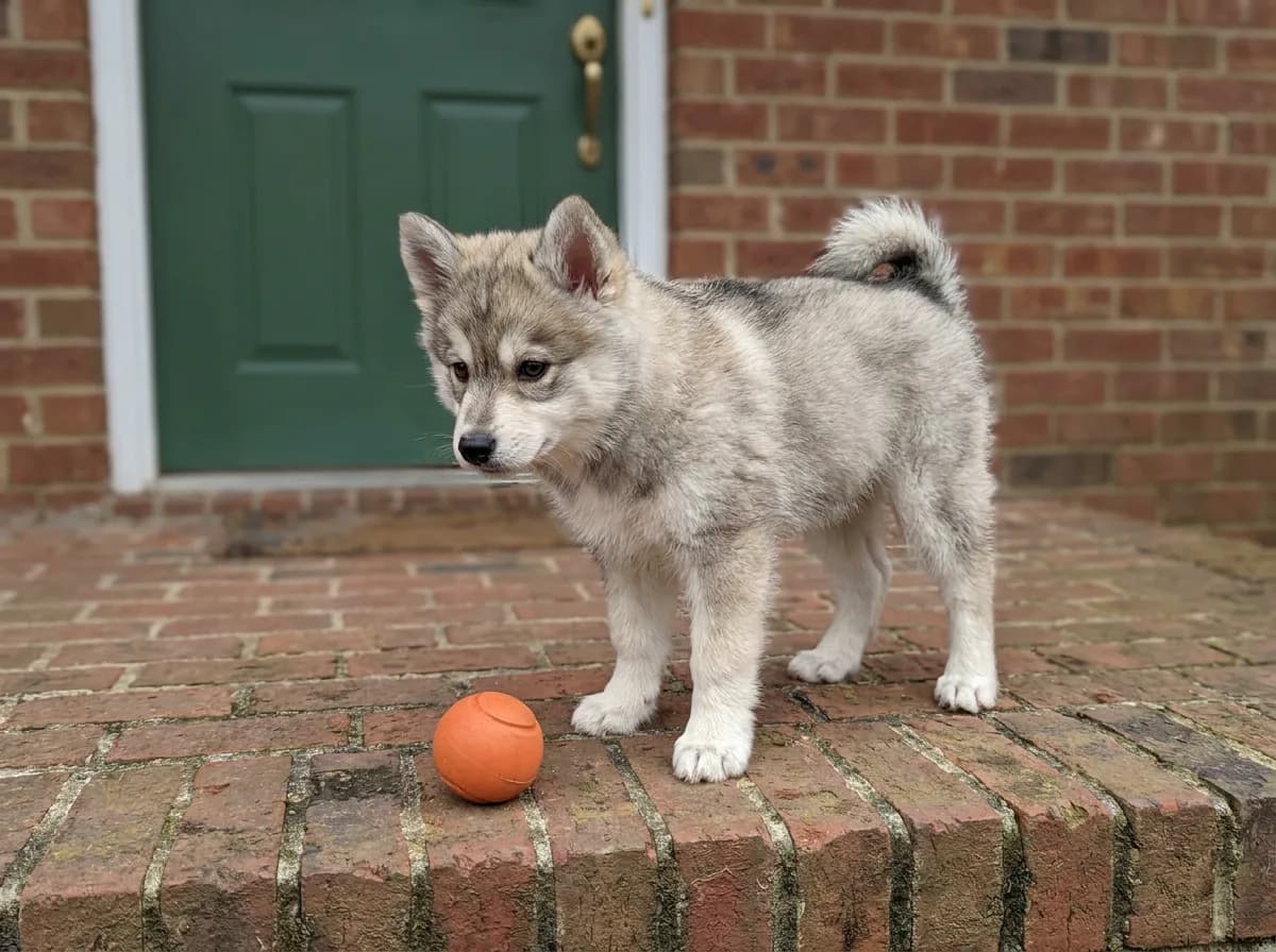Illustrated gray-and-cream Pomsky puppy standing on a brick porch beside an orange ball.