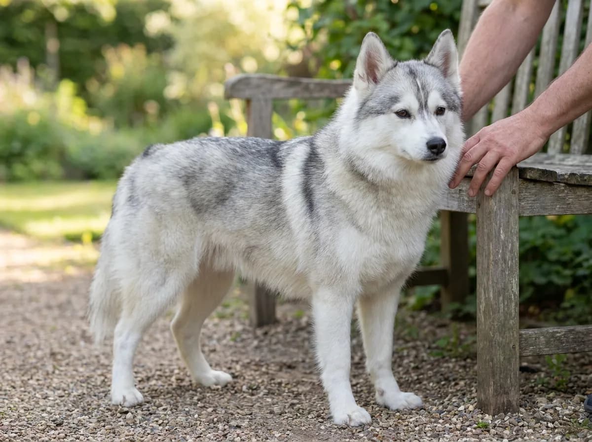 Illustrated gray-and-white fluffy dog standing beside a garden bench.