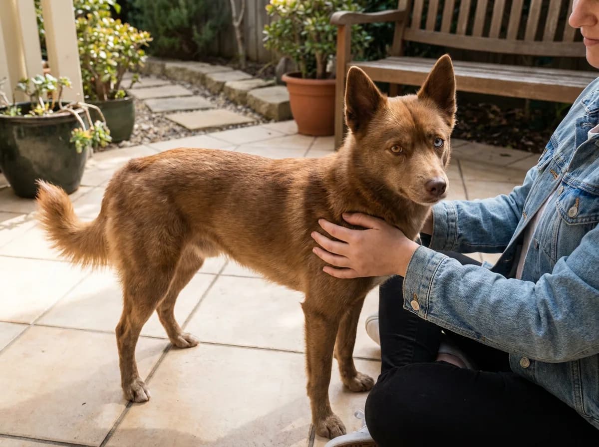 Illustrated brown pointed-eared dog standing beside an adult on a patio.