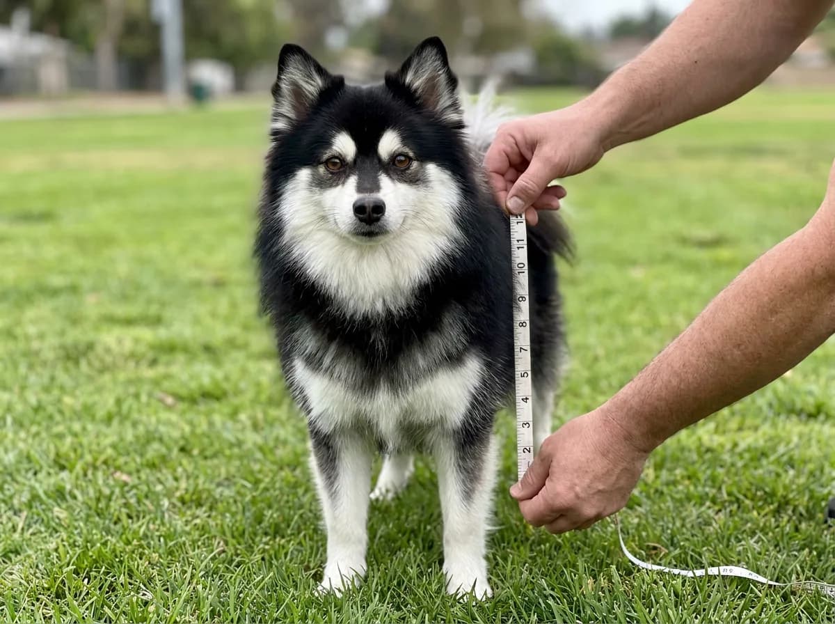 Illustrated black-and-white fluffy dog beside a person holding a vertical measuring tape.