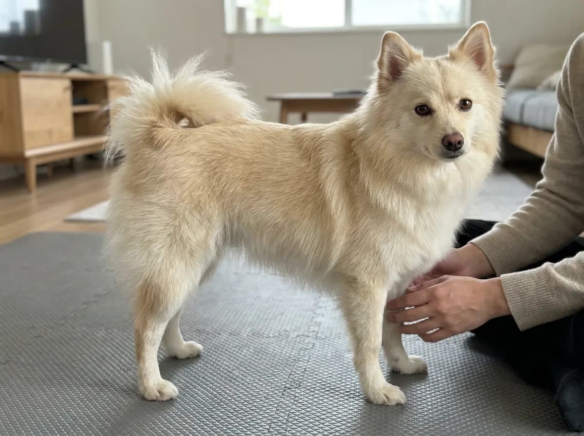 Illustrated cream fluffy dog standing indoors beside a kneeling person.