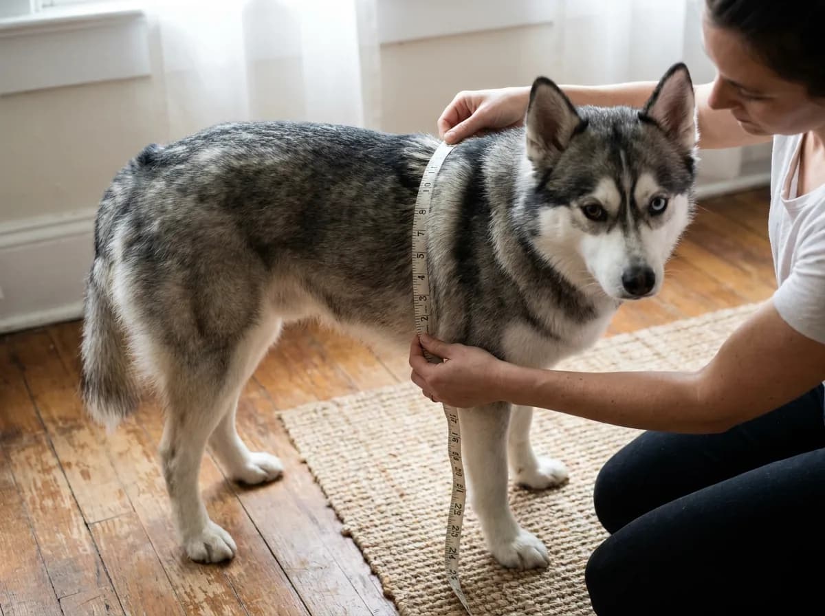 Illustrated gray-and-white dog having its chest dimensions checked with a tape.