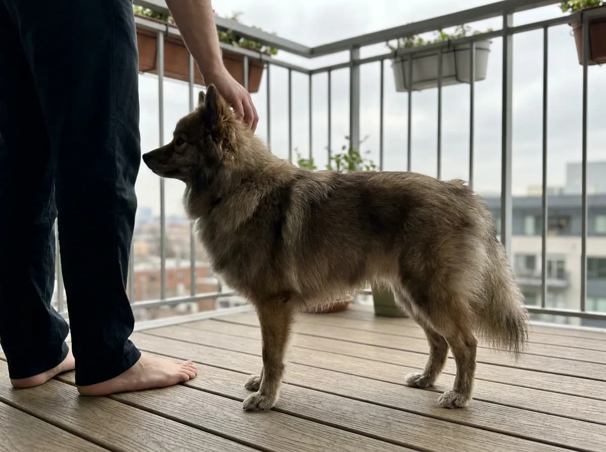 Illustrated brown fluffy dog standing beside a person on a balcony.