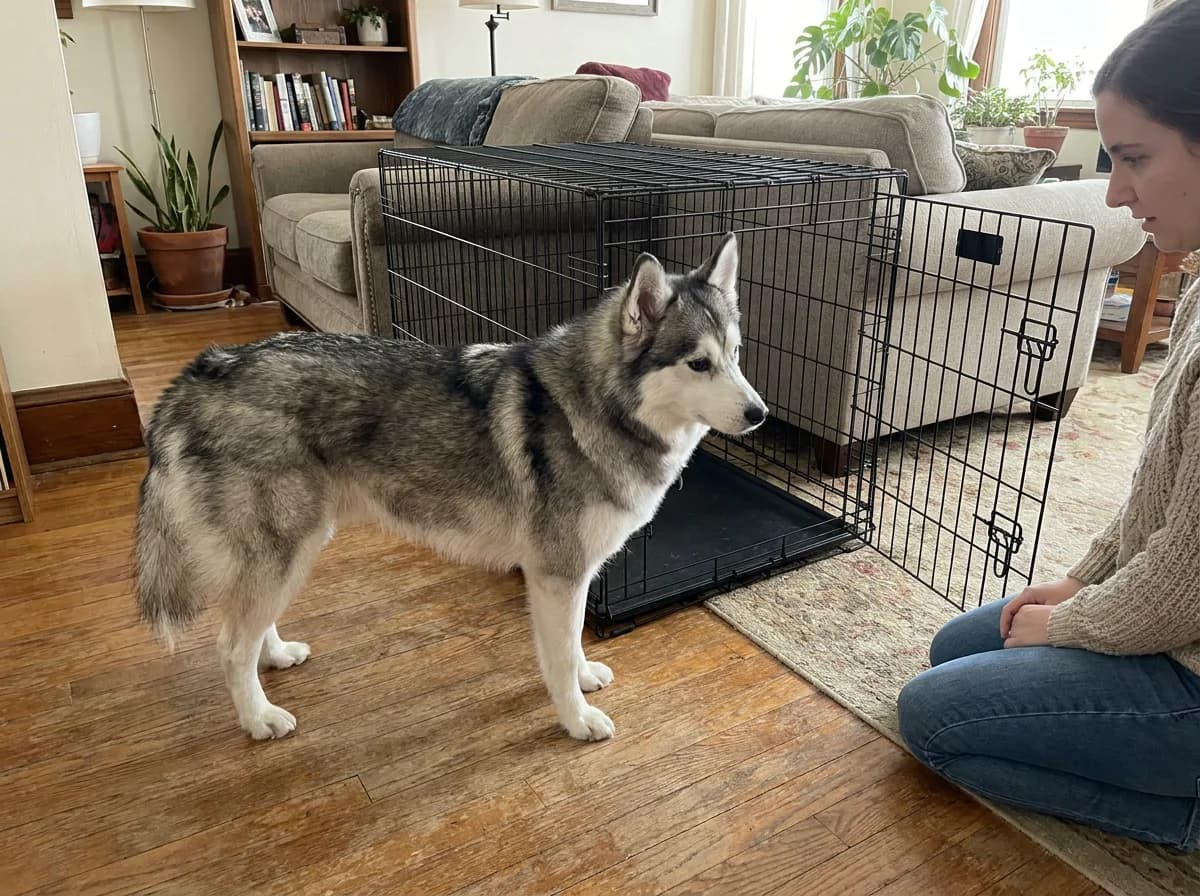 Illustrated gray fluffy dog standing beside a spacious open wire crate.