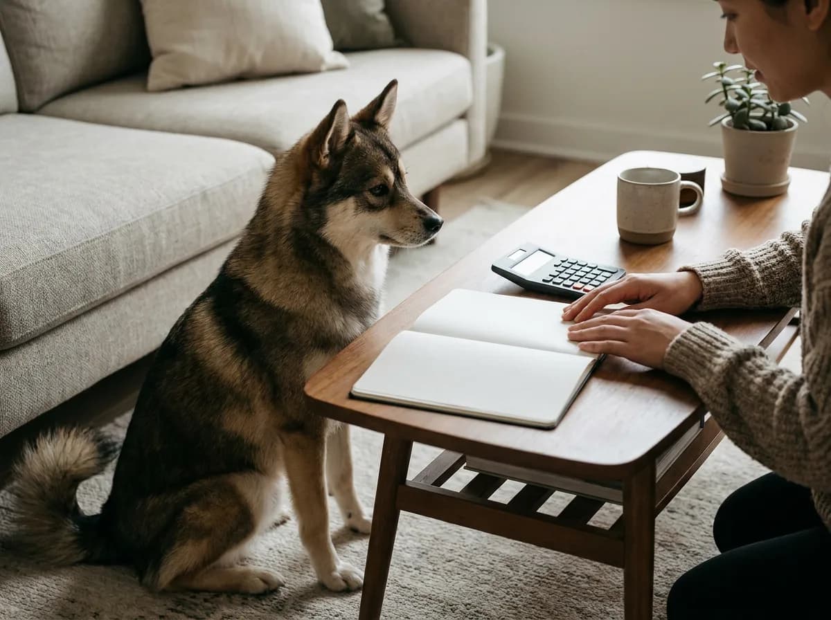 Illustrated brown pointed-eared dog beside a person with a notebook and calculator.