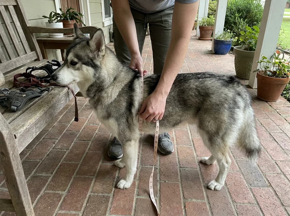 Illustrated gray dog standing beside a person checking its dimensions on a porch.