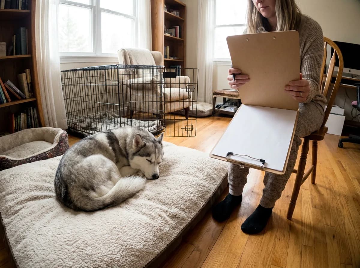 Illustrated gray dog resting on a large floor bed beside an adult with blank paper.
