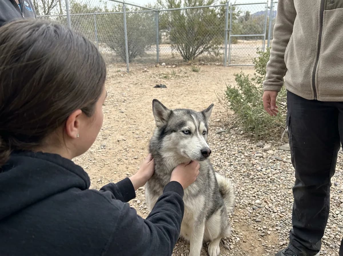 Illustrated gray pointed-eared dog greeting a crouching adult in a fenced outdoor area.