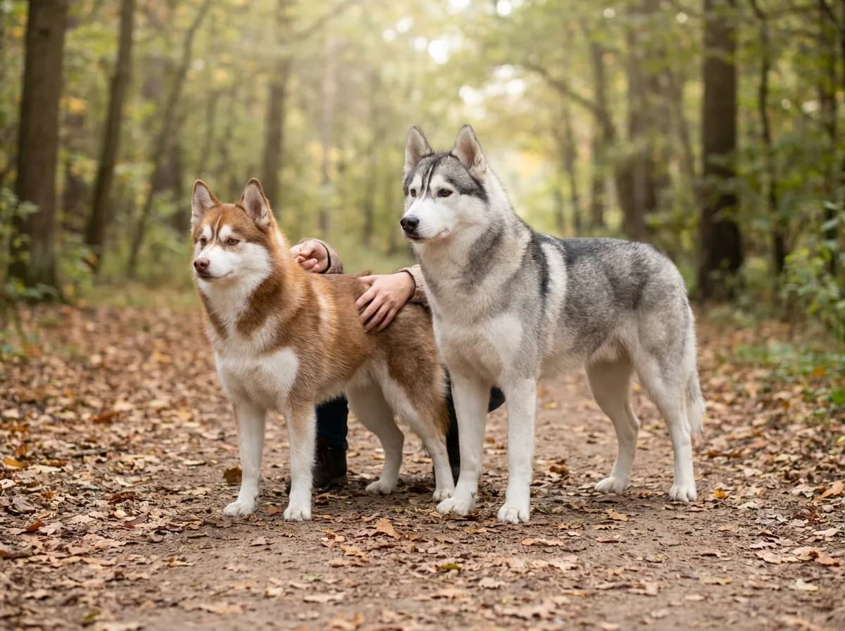 Illustrated smaller red-and-white dog and larger gray-and-white dog standing side by side.
