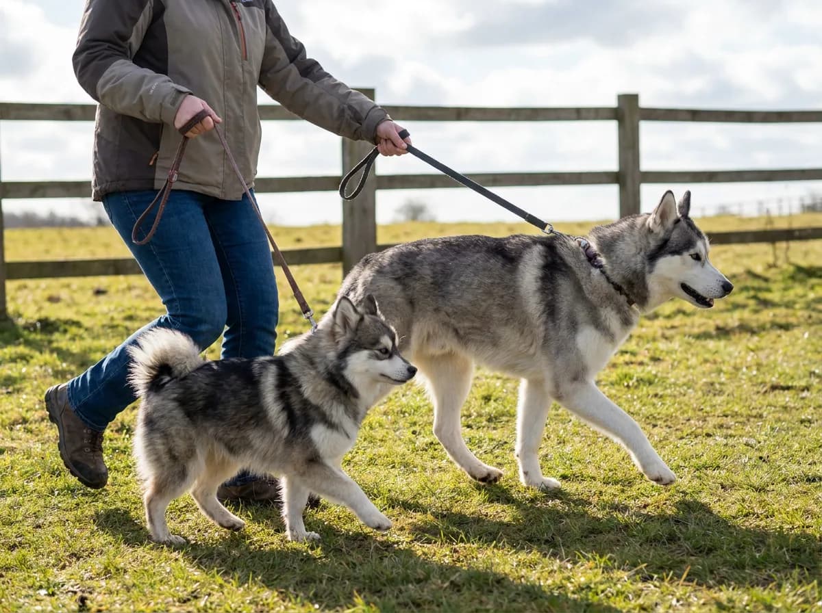Illustrated small and large gray-and-white dogs walking with separate handlers.