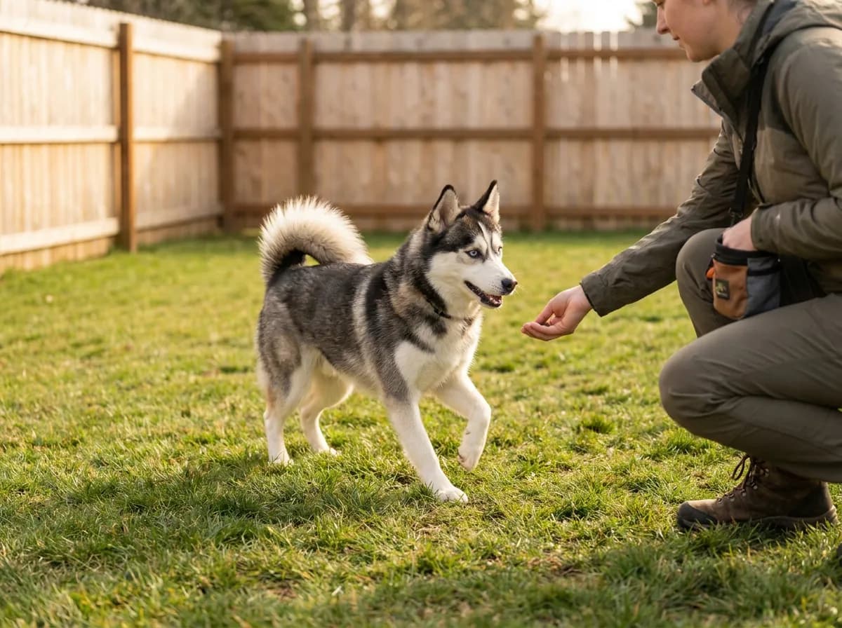 Illustrated small pointed-eared dog practicing attention with a trainer in a garden.