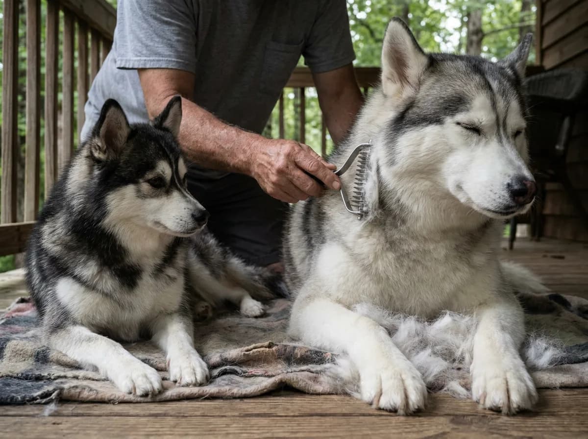 Illustrated small black-and-white and larger gray-and-white dogs being groomed side by side.