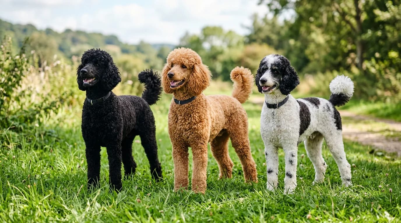 A row of three poodles standing side by side outdoors on green grass, one solid black, one apricot, and one parti-color white and black, groomed in a