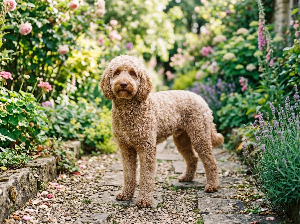 A cafe-au-lait poodle with a warm light brown coat and liver nose standing on a garden path, coat the color of milky coffee