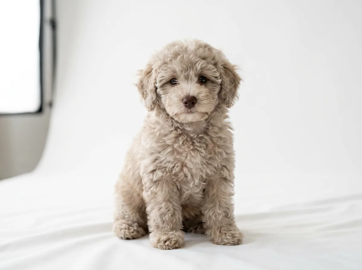 A silver beige poodle puppy with a soft pale tan-gray coat and brown nose on a white studio backdrop