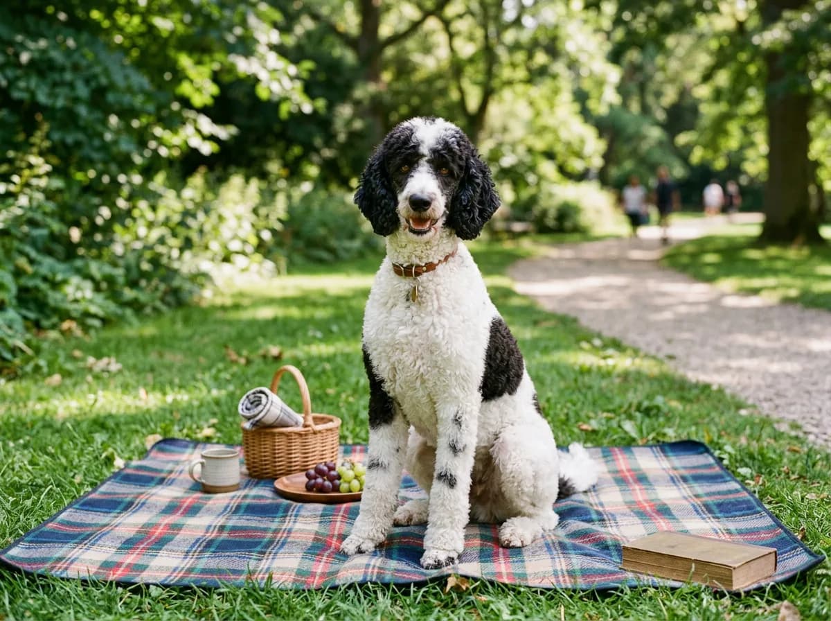 A parti poodle with a mostly white coat and large black patches sitting on a picnic blanket in a park