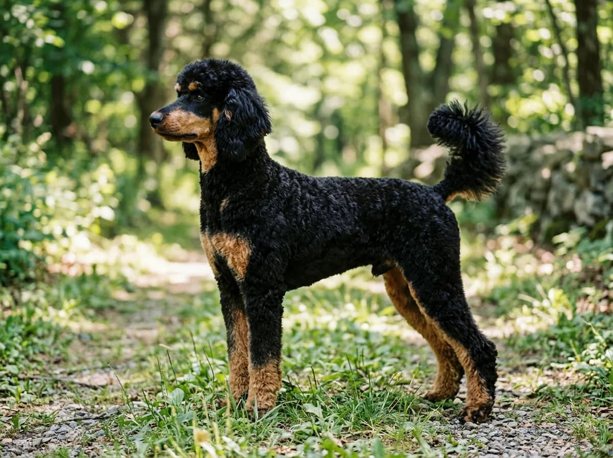 A black and tan phantom poodle standing in profile showing tan points above the eyes, on the muzzle, chest, and legs