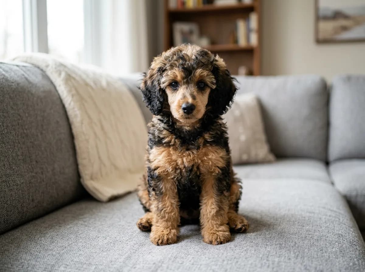 A sable poodle puppy with black-tipped fur over a tan body sitting on a soft gray couch