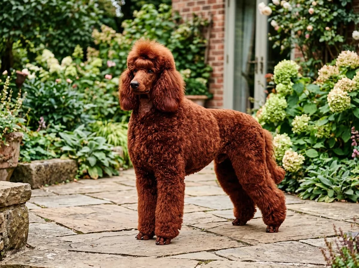 A deep mahogany red standard poodle in a modern show trim standing on a stone patio, coat a rich saturated red