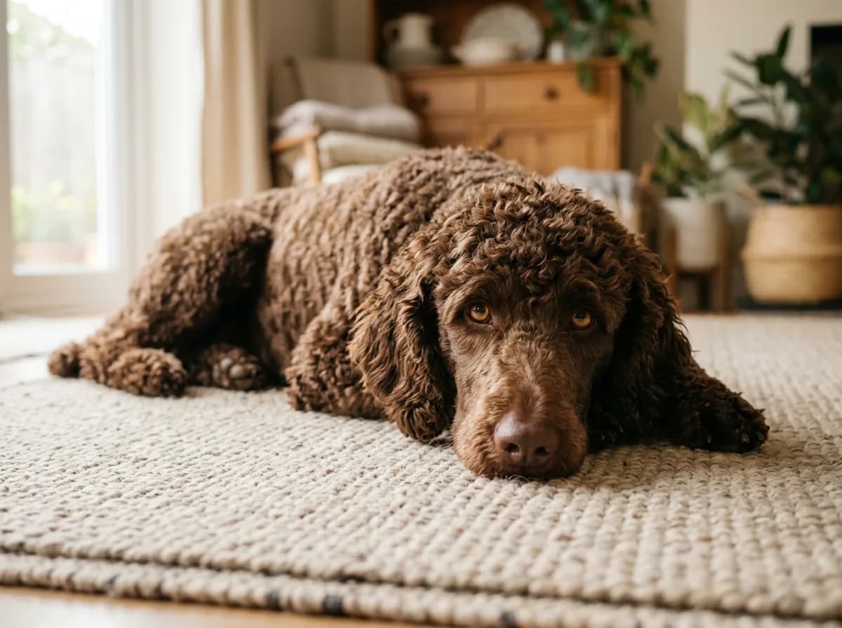A chocolate brown poodle with a liver nose and amber eyes lying on a beige rug, coat an even rich brown