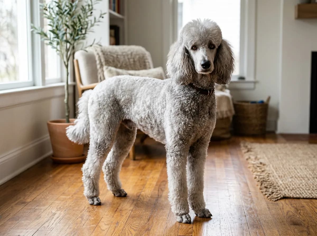 A silver standard poodle with a pale gray coat and black nose standing indoors on a hardwood floor, coat an even luminous gray