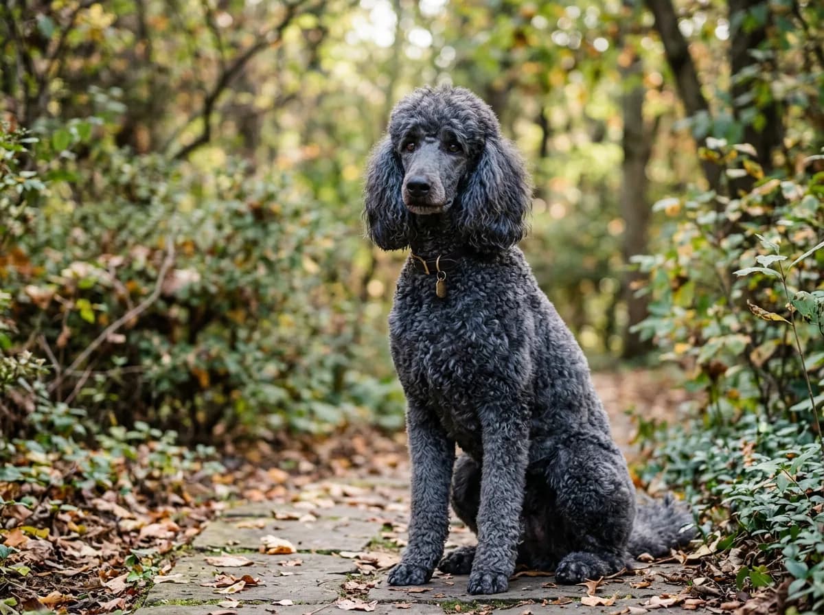 A blue poodle with a dark slate-gray coat sitting outdoors in soft daylight, coat a deep smoky gray