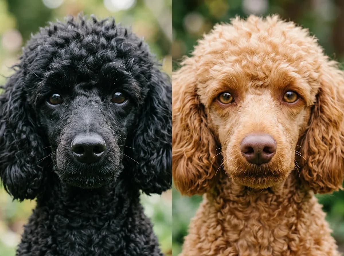 Close-up split comparison of two poodle faces, left with a black nose and dark eyes, right with a brown liver nose and amber eyes, showing the differe