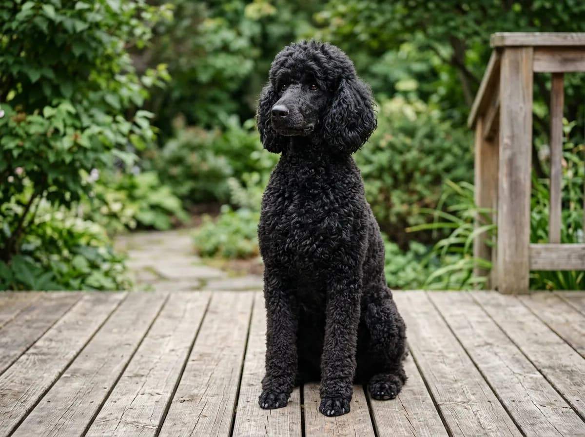 A solid black standard poodle in a natural coat sitting on a wood deck, coat showing deep even black with no silvering