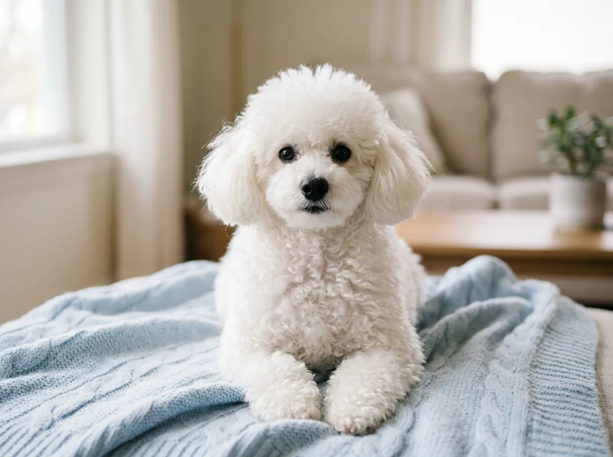 A fluffy white toy poodle with black nose and dark eyes sitting on a pale blue blanket, coat bright white