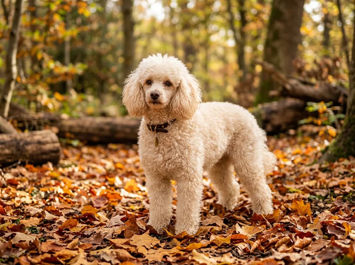 A cream colored miniature poodle standing on autumn leaves, coat a soft warm ivory