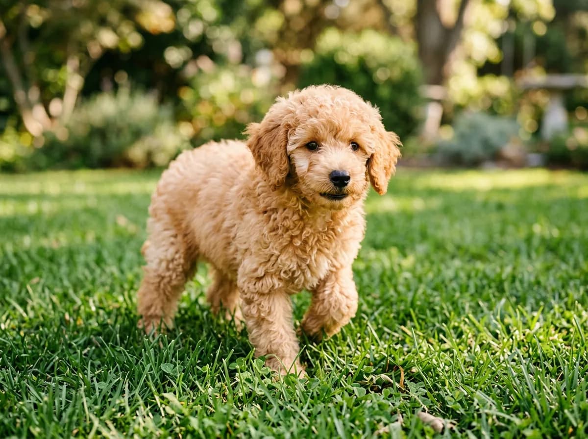 An apricot colored poodle puppy on green grass, coat a warm pale orange with a dark nose