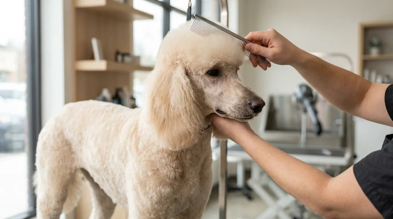 Groomer's hands combing the rounded topknot of a cream Standard Poodle with a clean-shaved muzzle in a grooming salon