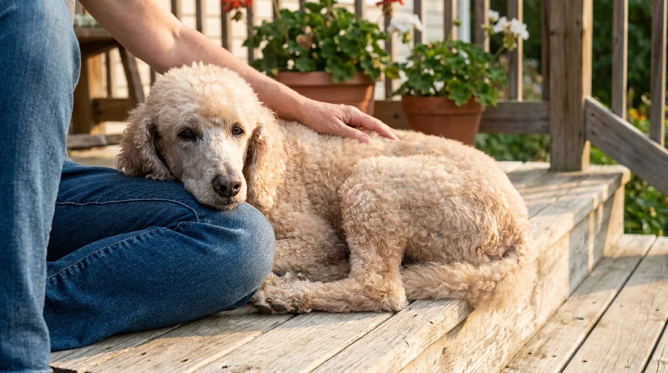An older pale apricot Standard Poodle with a graying muzzle resting its head on its owner's knee on a porch step