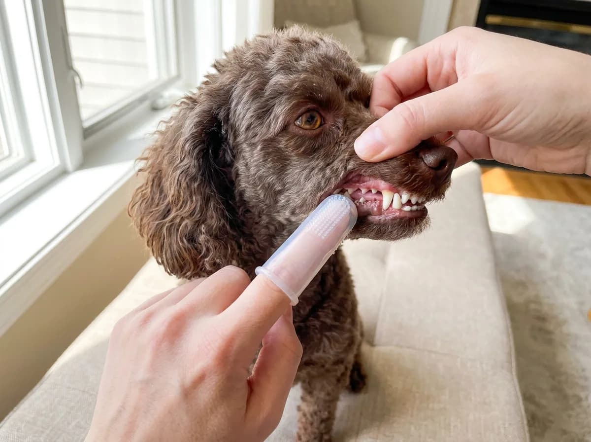 An owner lifting a brown Poodle's lip while brushing its teeth with a clear silicone finger toothbrush