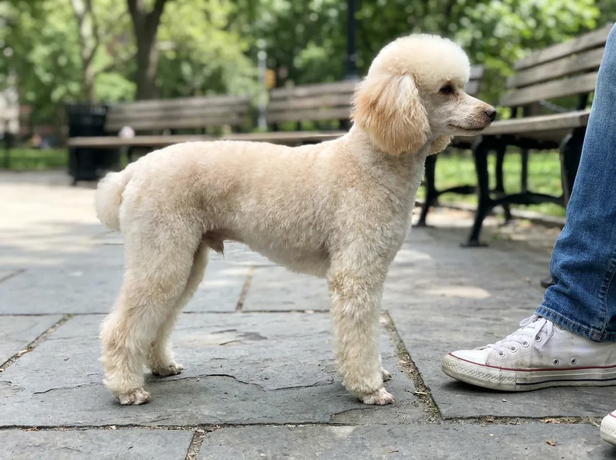 An adult cream Miniature Poodle standing in side profile on a park path beside a person's white sneaker